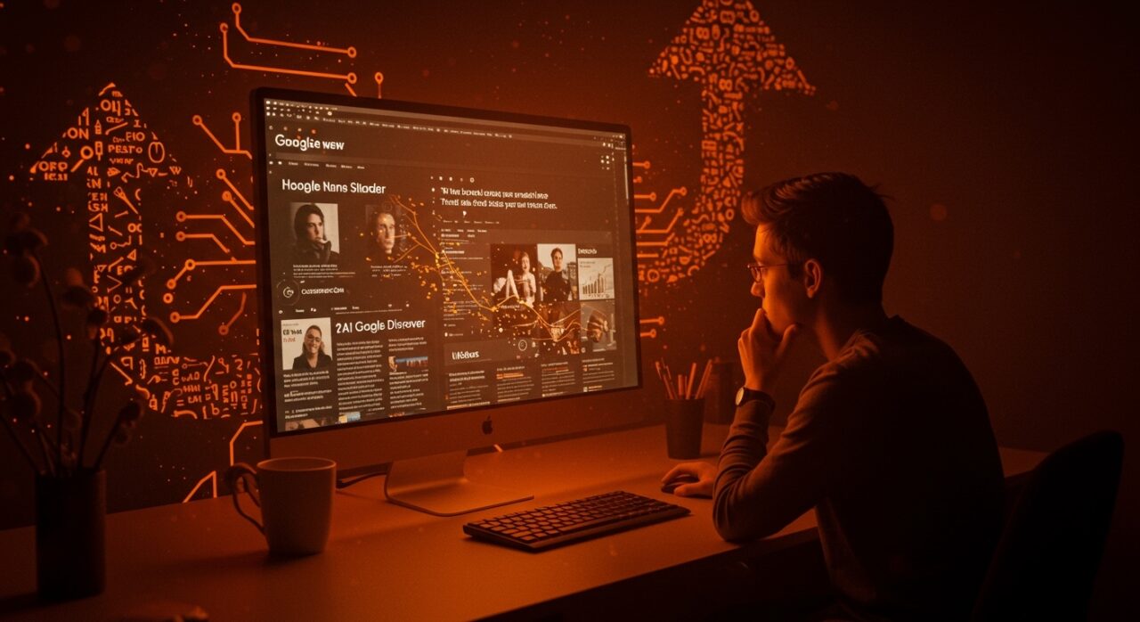 Imagen conceptual de Google Search con titulares generados por IA y un fundador tecnológico analizando tendencias en Google Discover, destacando la automatización y avances en inteligencia artificial.