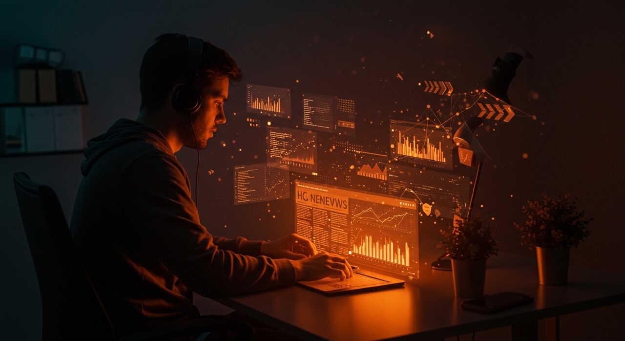 Tech founder interactuando con titulares generados por IA en Google Discover, destacando tendencias tecnológicas y automatización en Google Search.