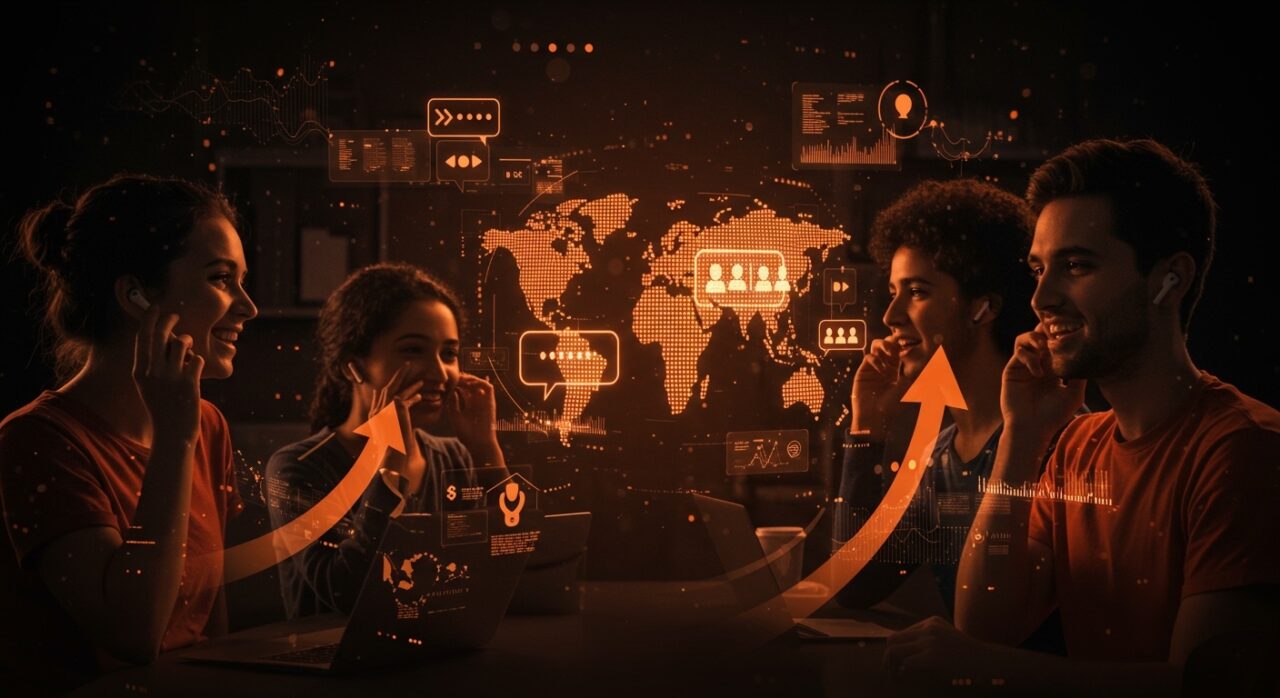 Funcionamiento de Google Translate con traducción en tiempo real en auriculares para comunicación internacional en startups.