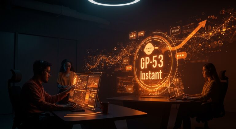 Interfaz ultrarrápida de GPT-5.3 Instant en entorno startup, mostrando automatización conversacional y precisión de IA en 2026.