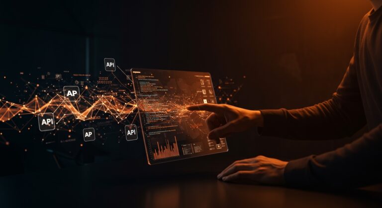 Startup founder interactuando con interfaz futurista que muestra IA eficiente GPT-5.4 para automatización y APIs de bajo costo.
