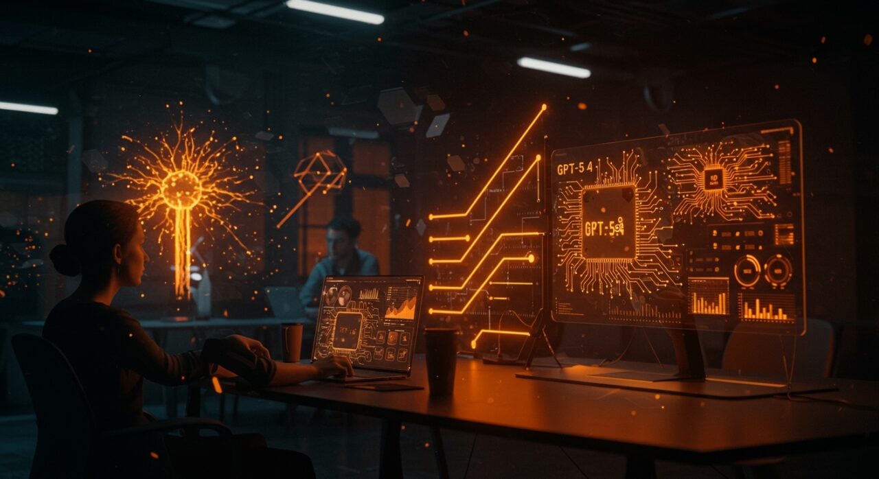 Interfaz futurista de GPT-5.4 mini y nano destacando IA rápida y económica para startups tecnológicas en un entorno de trabajo innovador.