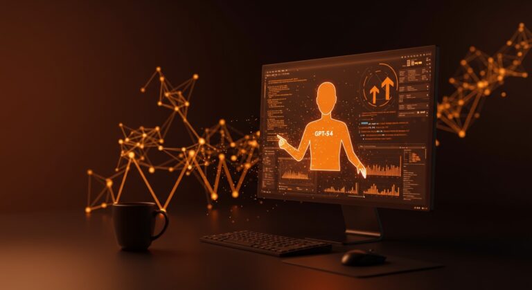 Interfaz futurista de IA GPT-5.4 de OpenAI con uso nativo de computadora y contexto de un millón de tokens para startups.