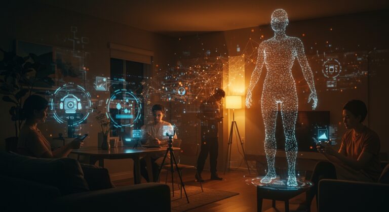 Personas en Los Ángeles grabando tareas del hogar para el entrenamiento de robots con inteligencia artificial en un mercado emergente de captura de datos para IA.