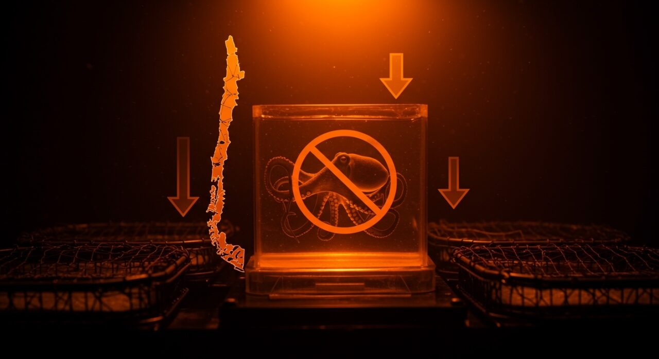 Ilustración editorial de una granja de pulpos prohibida con elementos visuales que representan la legislación y sostenibilidad en la acuicultura en México y Chile.