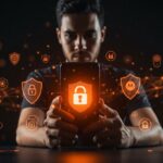 Founder tecnológico usando un smartphone protegido con GrapheneOS, destacando privacidad y seguridad móvil avanzada sin cuentas ni datos personales.