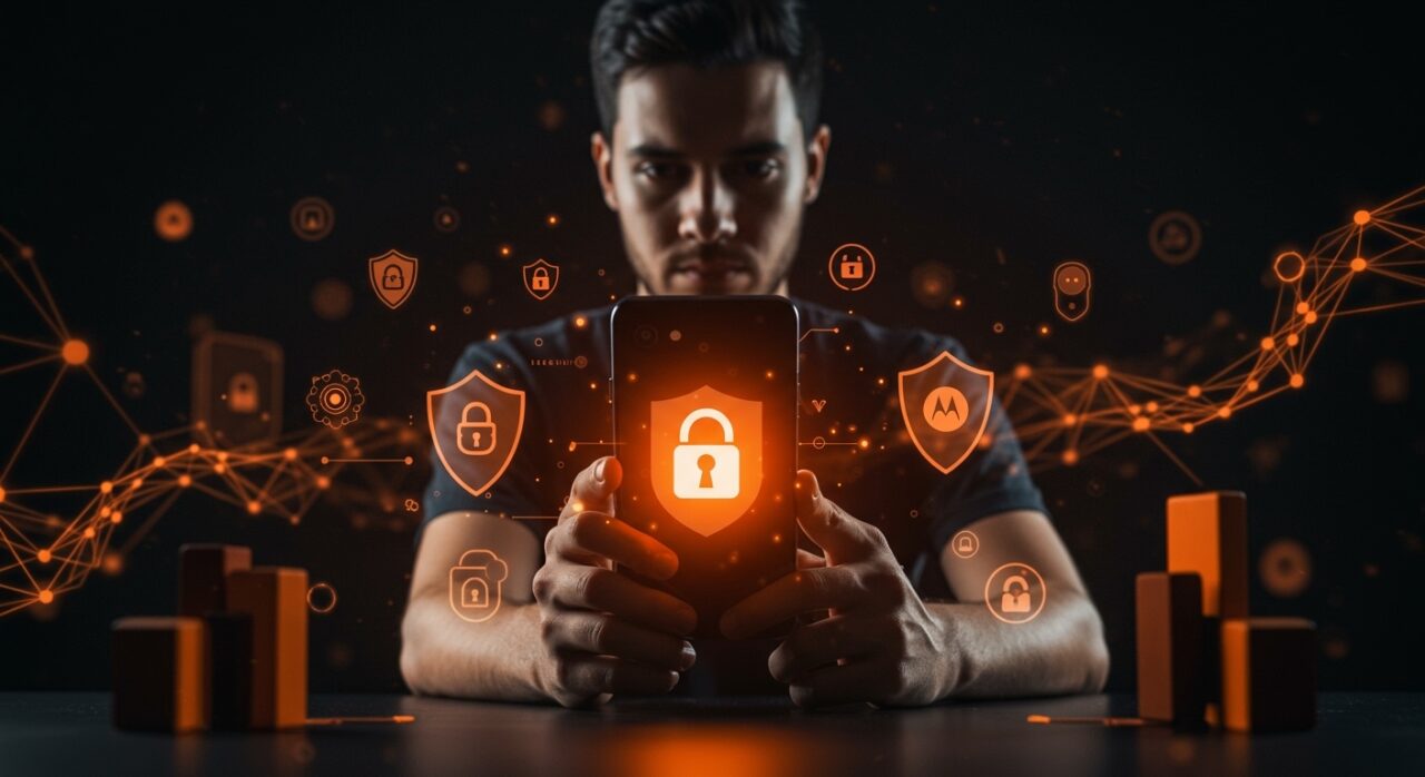 Founder tecnológico usando un smartphone protegido con GrapheneOS, destacando privacidad y seguridad móvil avanzada sin cuentas ni datos personales.