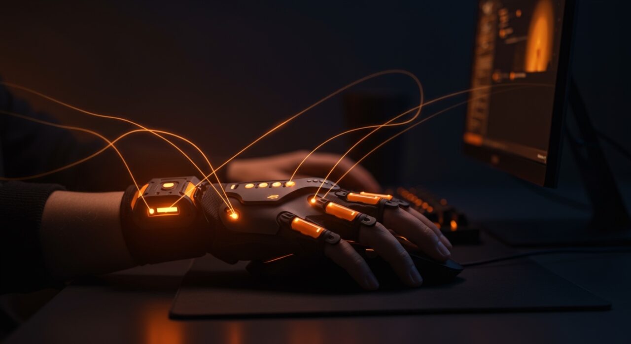 Guante biomecánico 3D de Exohand Chile para prevenir lesiones por gaming y síndrome del túnel carpiano en programadores y diseñadores.