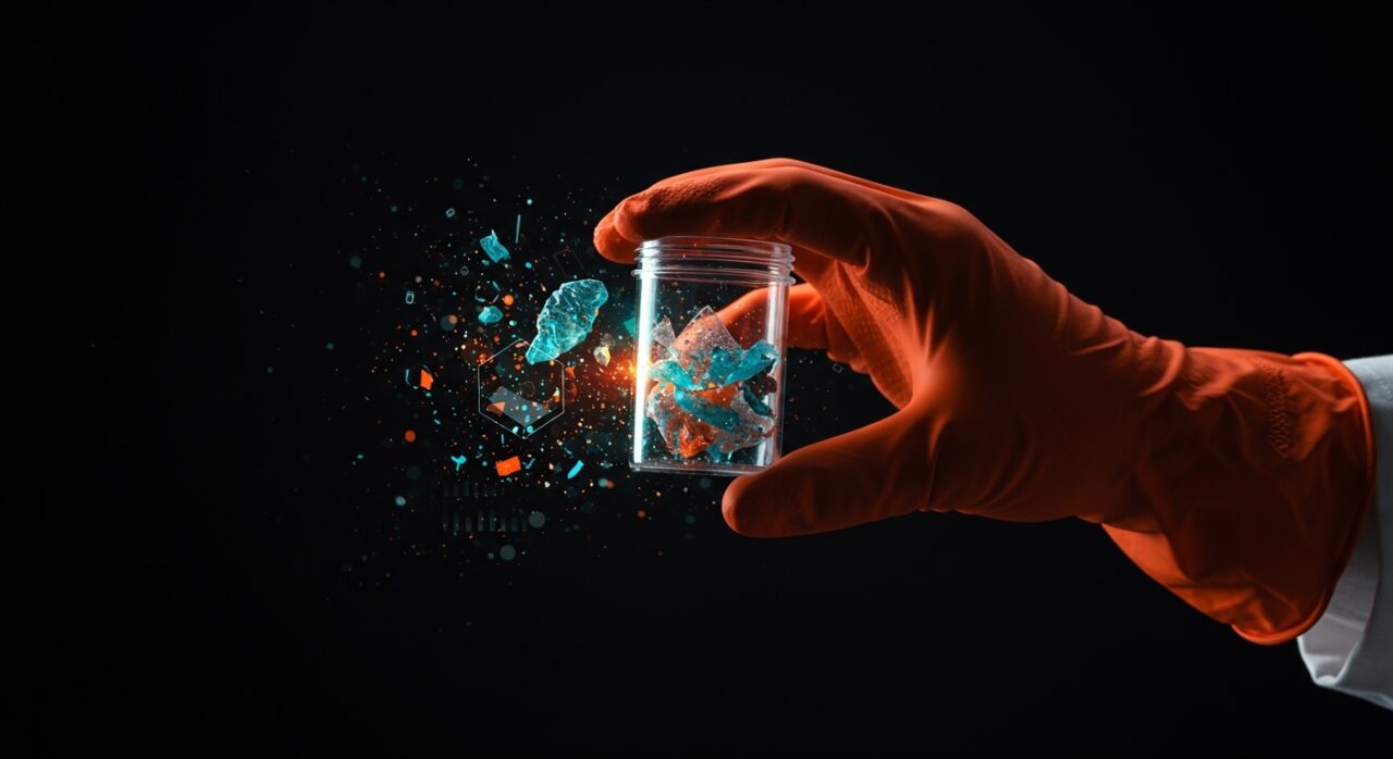Guante de nitrilo sujetando microplásticos en laboratorio, ilustrando la sobreestimación y avances en investigación ambiental.