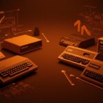 Batalla de computadoras personales Atari, Commodore y Texas Instruments en los años 80 representando estrategias de mercado y competencia tecnológica.