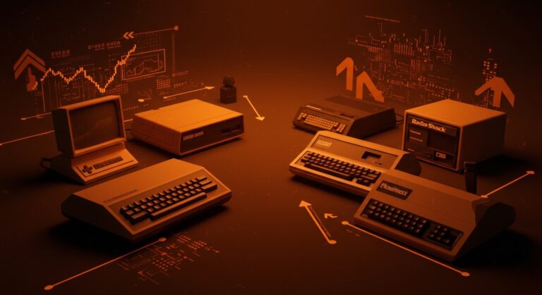 Batalla de computadoras personales Atari, Commodore y Texas Instruments en los años 80 representando estrategias de mercado y competencia tecnológica.