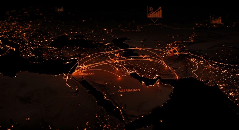 Mapa aéreo mostrando desvíos de rutas internacionales por conflicto en Irán y el corredor aéreo estratégico de Azerbaiyán.