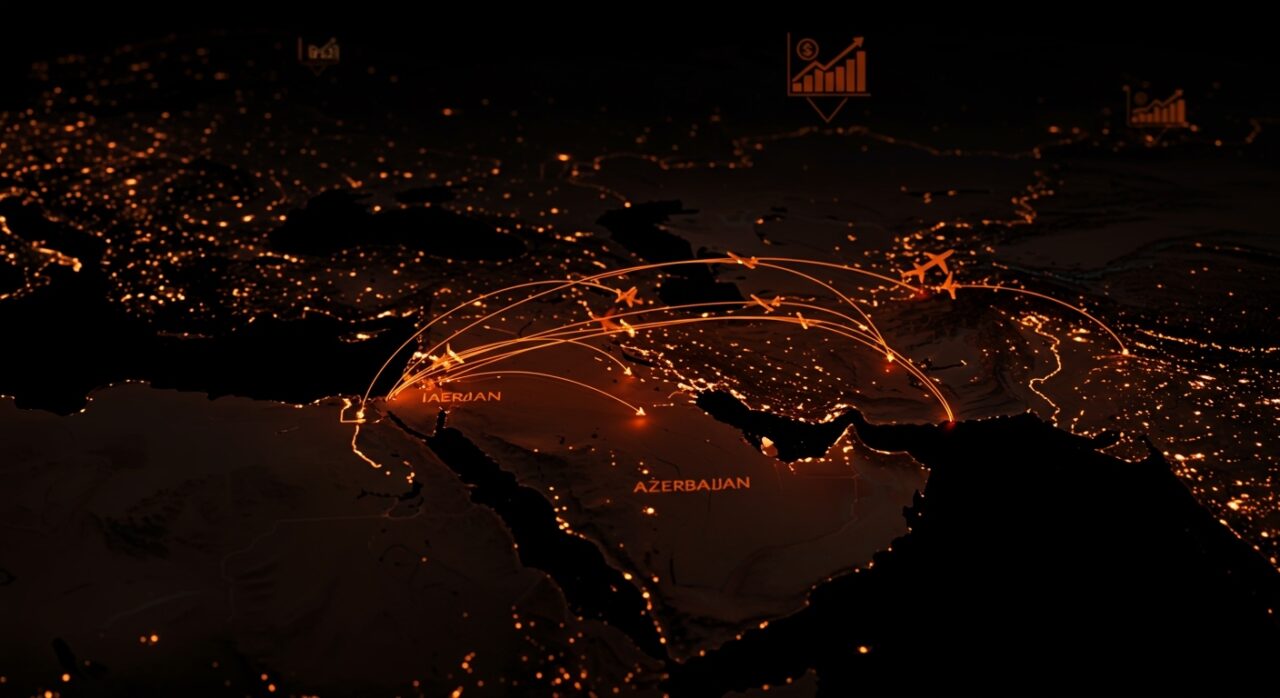 Mapa aéreo mostrando desvíos de rutas internacionales por conflicto en Irán y el corredor aéreo estratégico de Azerbaiyán.