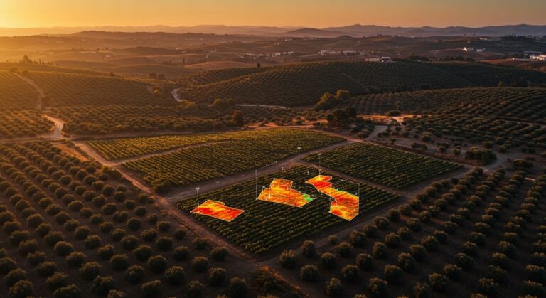 Drone con sensores térmicos monitoreando heladas en olivos y viñedos en San Juan para agricultura de precisión.