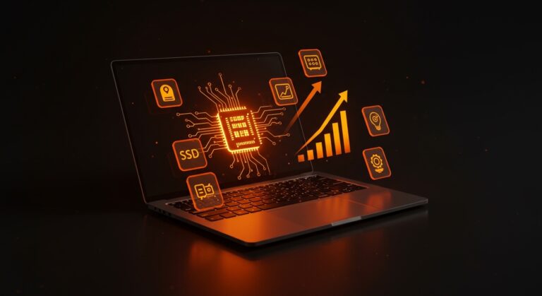 Portátil moderno con iluminación naranja destacando especificaciones clave como procesador, RAM y SSD en contexto tecnológico para founders.