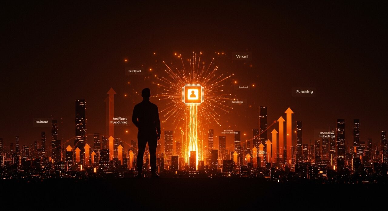 Guillermo Rauch con un paisaje futurista que representa Vercel y el auge del funding en inteligencia artificial y startups.