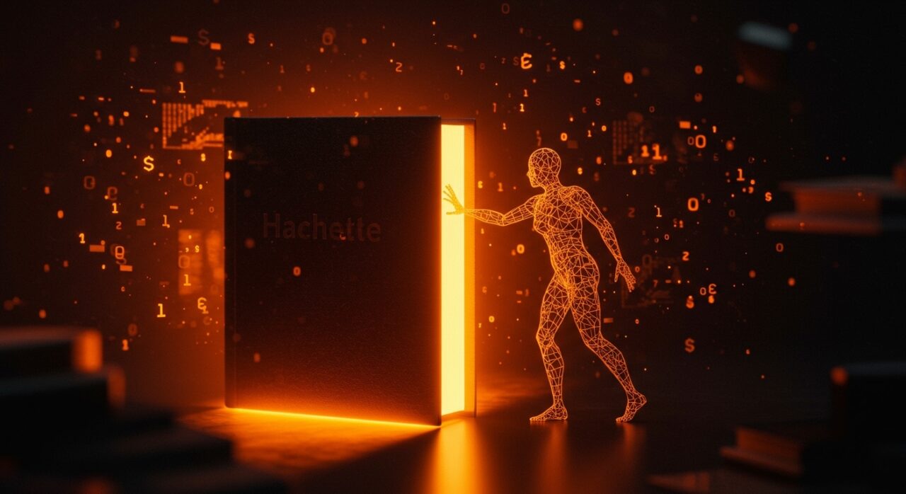 Imagen editorial cinematográfica destacando la cancelación de 'Shy Girl' por Hachette debido a sospechas de inteligencia artificial en la industria editorial.