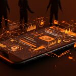 Hacking de iPhones ilustrado con código digital y figuras de espías, representando espionaje digital y ciberseguridad.