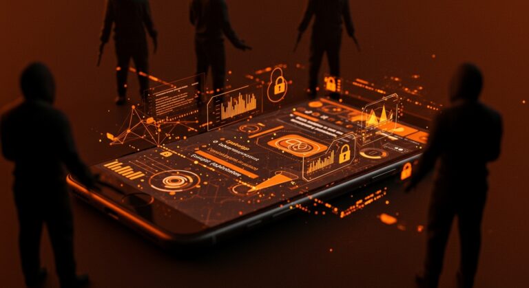 Hacking de iPhones ilustrado con código digital y figuras de espías, representando espionaje digital y ciberseguridad.