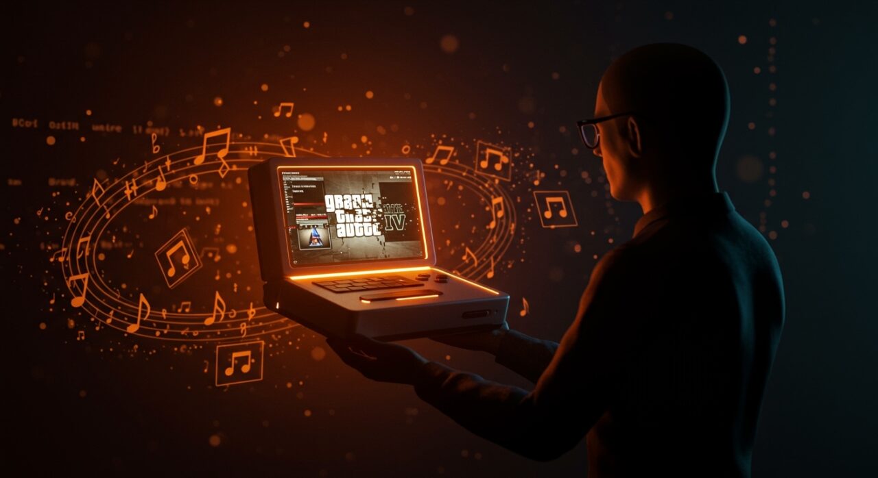 Prototipo inédito de GTA IV iluminado en tonos naranja y negro, simbolizando innovación y desarrollo en la industria de videojuegos.