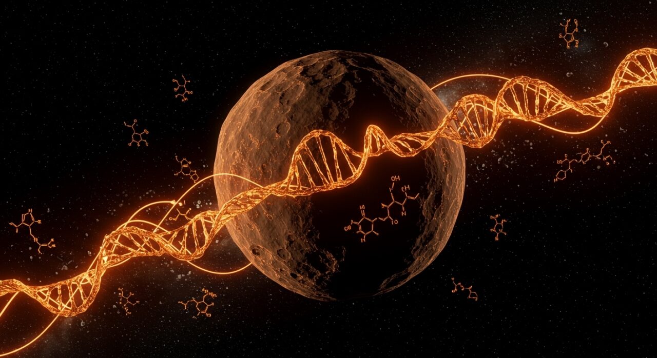 Asteroide Ryugu con moléculas de ADN y nucleobases, ilustrando el hallazgo espacial clave para el origen de la vida.