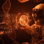 Riesgos de salud en astronautas durante viajes a Marte representados con visuales biomédicos y tecnología espacial avanzada.