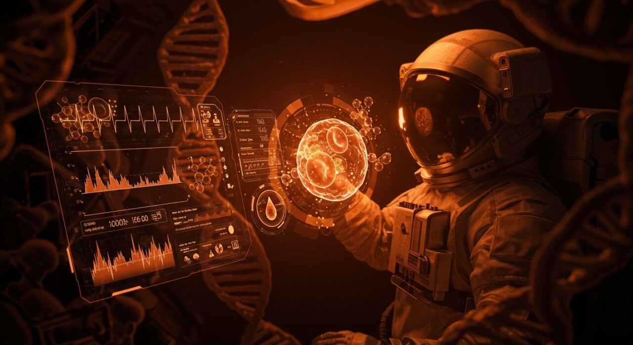 Riesgos de salud en astronautas durante viajes a Marte representados con visuales biomédicos y tecnología espacial avanzada.