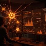 Interacción con pantalla holográfica mostrando Hamilton-Jacobi-Bellman y modelos de difusión aplicados a aprendizaje por refuerzo en inteligencia artificial, en estilo tecnológico naranja y negro.