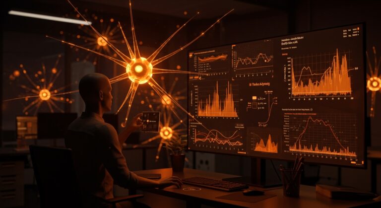 Interacción con pantalla holográfica mostrando Hamilton-Jacobi-Bellman y modelos de difusión aplicados a aprendizaje por refuerzo en inteligencia artificial, en estilo tecnológico naranja y negro.