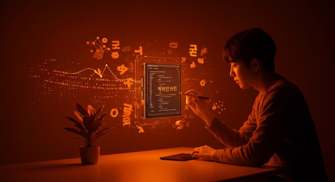 Desarrollador programando en lenguaje Han con sintaxis en coreano Hangul, construido en Rust con backend LLVM, destacando innovación en programación no anglófona y automatización para founders LATAM.