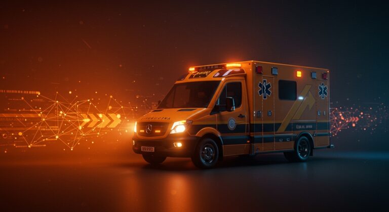 Vehículo híbrido de emergencia Harbinger destacando innovación y movilidad sostenible en tecnología aplicada a ambulancias y UCIs móviles.