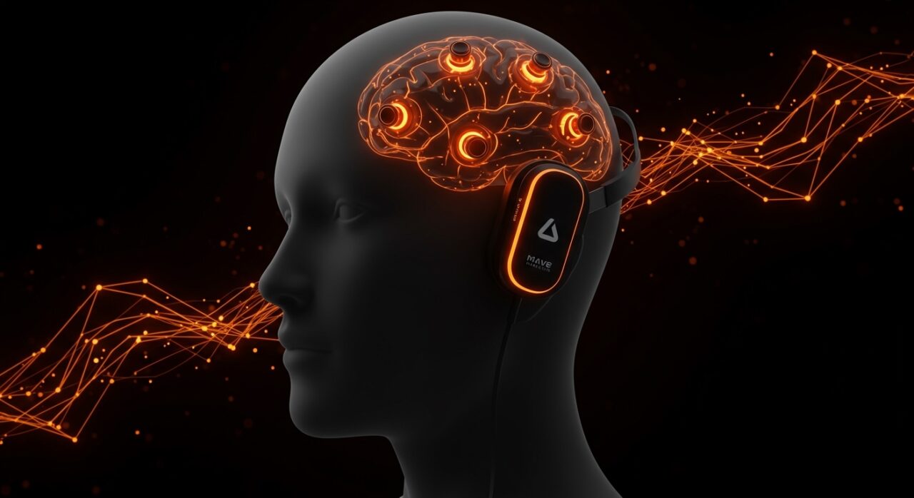 Headset de hardware wearable para estimulación cerebral de Mave Health, resaltando innovación tecnológica en salud mental y mejora cognitiva.