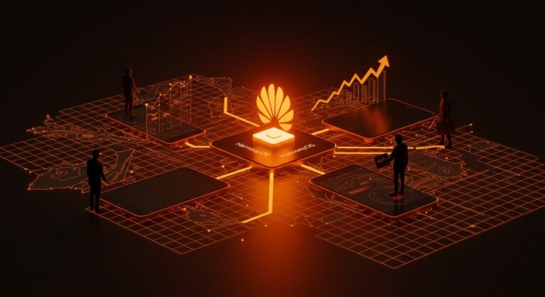 Ecosistema tecnológico de HarmonyOS de Huawei creciendo y desafiando a iOS y Android en el mercado móvil chino.