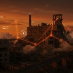 Vista panorámica de la isla Hashima mostrando legado industrial y innovación con metáforas visuales de responsabilidad social y minería de carbón.