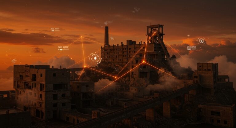 Vista panorámica de la isla Hashima mostrando legado industrial y innovación con metáforas visuales de responsabilidad social y minería de carbón.