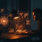 Visualización de automatización de property-based testing con IA aplicada en startups, mostrando interfaces holográficas y símbolos de escalabilidad de software.