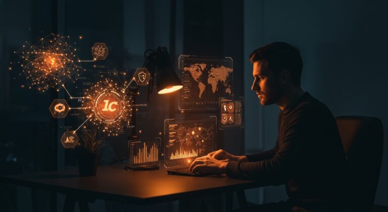 Visualización de automatización de property-based testing con IA aplicada en startups, mostrando interfaces holográficas y símbolos de escalabilidad de software.