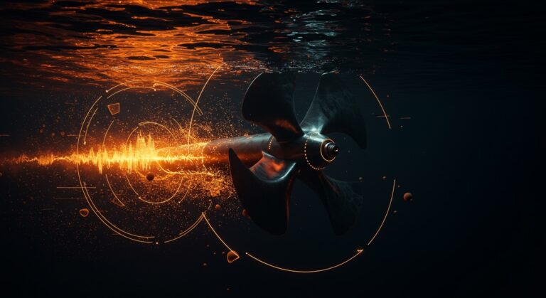 Hélices silenciosas de barco en innovación marítima alemana reduciendo el ruido submarino y la cavitación para sostenibilidad oceánica.