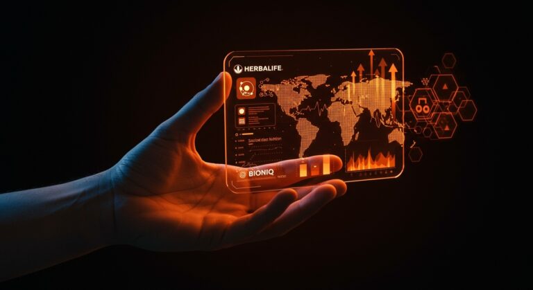 Visualización de datos biométricos y personalización de suplementos en la adquisición de Bioniq por Herbalife, destacando innovación healthtech y expansión internacional.