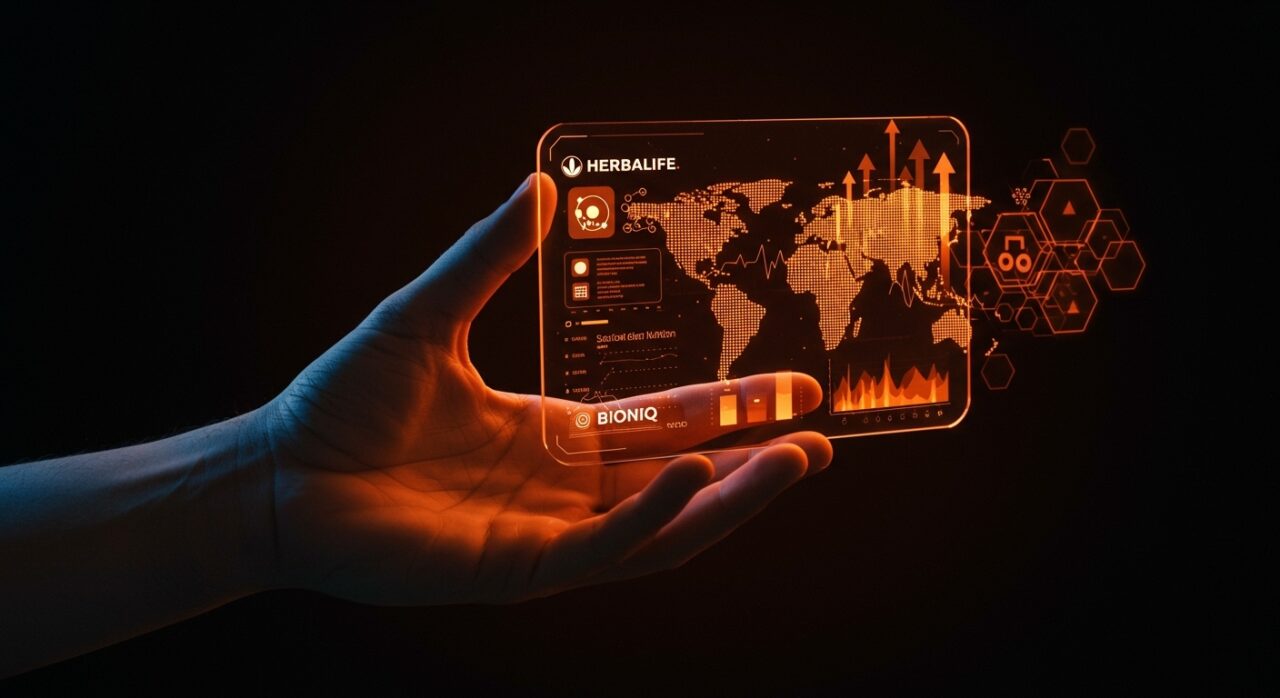 Visualización de datos biométricos y personalización de suplementos en la adquisición de Bioniq por Herbalife, destacando innovación healthtech y expansión internacional.