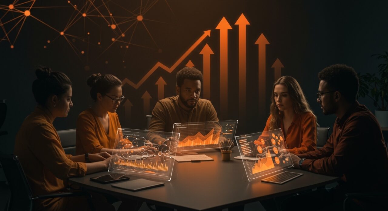 Fundadores de startups colaborando con frameworks de gestión de conflictos y escalabilidad en un entorno innovador de trabajo.