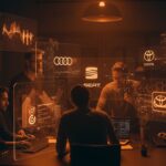 Equipo de startup SaaS colaborando con tecnología de IA y automatización para concesionarios como Audi y Toyota, simbolizando crecimiento y éxito en ventas.