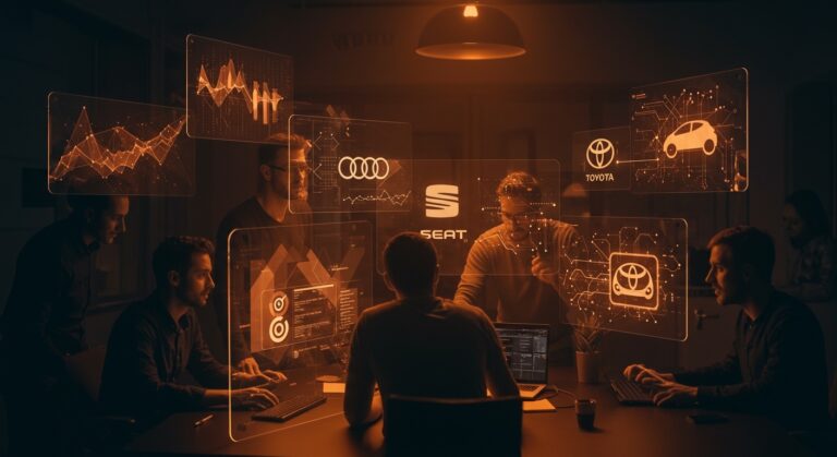 Equipo de startup SaaS colaborando con tecnología de IA y automatización para concesionarios como Audi y Toyota, simbolizando crecimiento y éxito en ventas.