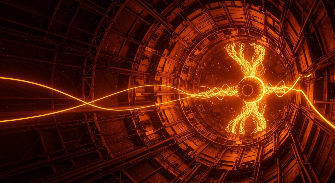 Imagen futurista del acelerador HiLumi LHC de CERN representando física de partículas avanzada y transferencia tecnológica en tecnología startup.