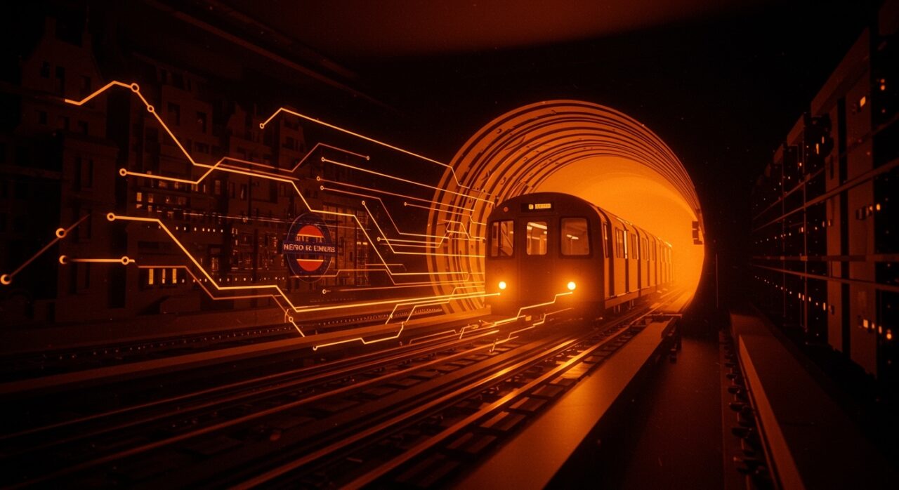 Metro de Londres emergiendo de un túnel moderno con elementos de innovación tecnológica y evolución urbana, destacado en transporte público.