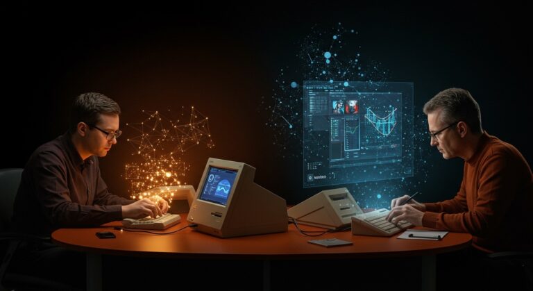 Evolución visual de Photoshop desde sus orígenes en Macintosh Plus hasta la edición profesional con IA generativa, destacando la historia y tecnología innovadora.