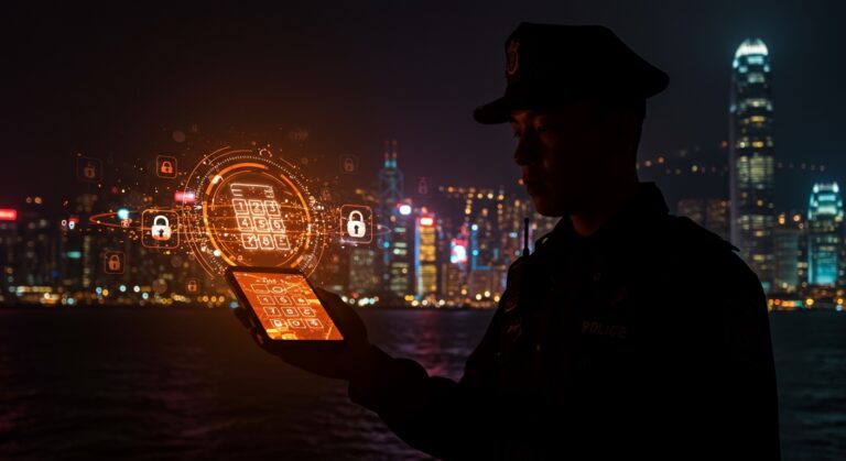 Policía en Hong Kong exigiendo contraseña digital simbolizando el impacto de la nueva ley de seguridad en la privacidad y tecnología.