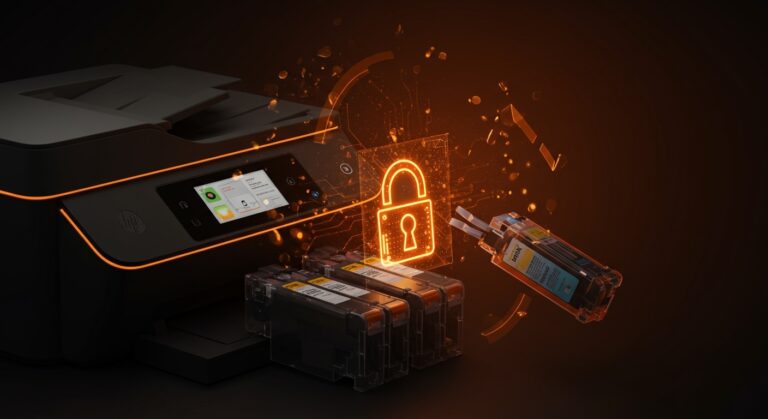 HP Dynamic Security bloqueando cartuchos remanufacturados en impresoras, frente a la certificación sostenible EPEAT 2.0 y desafíos en la sostenibilidad de hardware.