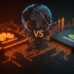 Comparativa visual entre chips de IA de Huawei y NVIDIA, destacando la competencia en hardware tecnológico y el impacto en el ecosistema tech global.