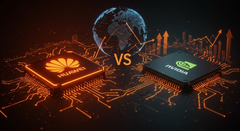 Comparativa visual entre chips de IA de Huawei y NVIDIA, destacando la competencia en hardware tecnológico y el impacto en el ecosistema tech global.